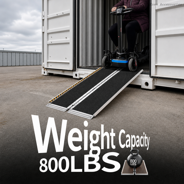 Rampa de carga de contenedor de envío de aluminio antideslizante plegable, umbral de capacidad de 800LBS, rampa portátil para silla de ruedas para escalones